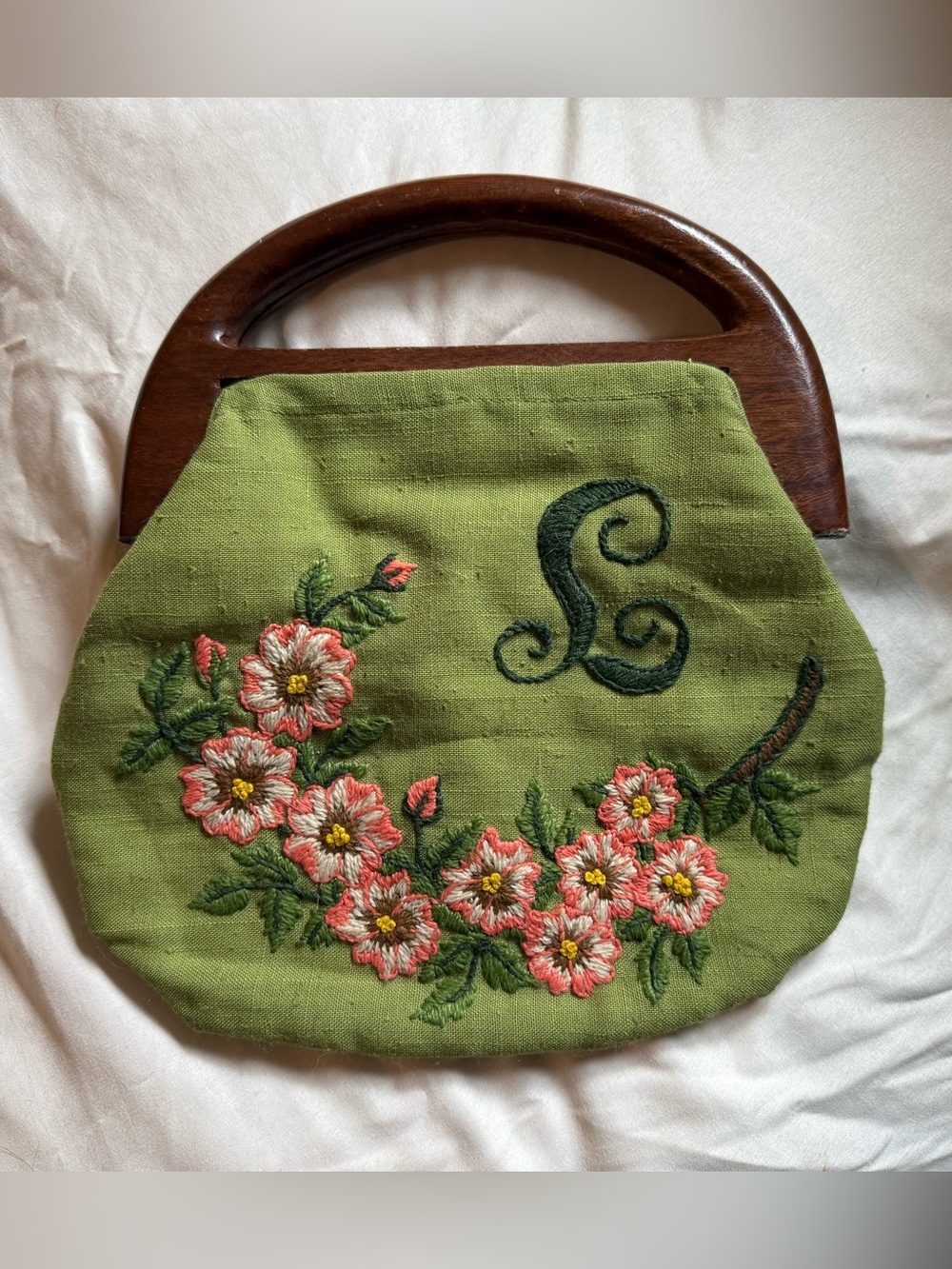 Vintage Embroidered Floral Monogram Clutch with Wooden Handles